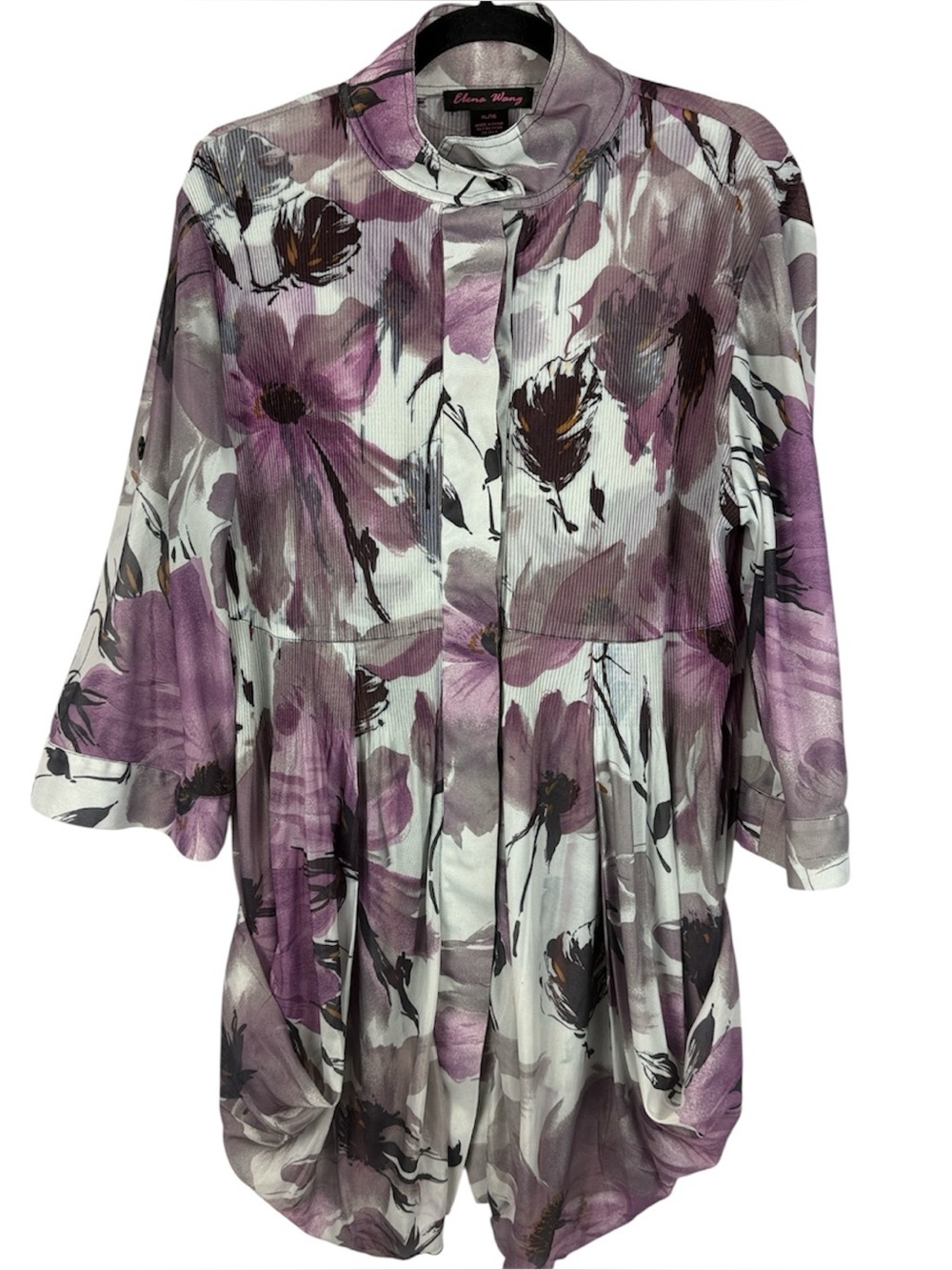 Elena Wang Pleated Floral Plissé Tunic Blouse Jacket Purple Watercolor Size XL